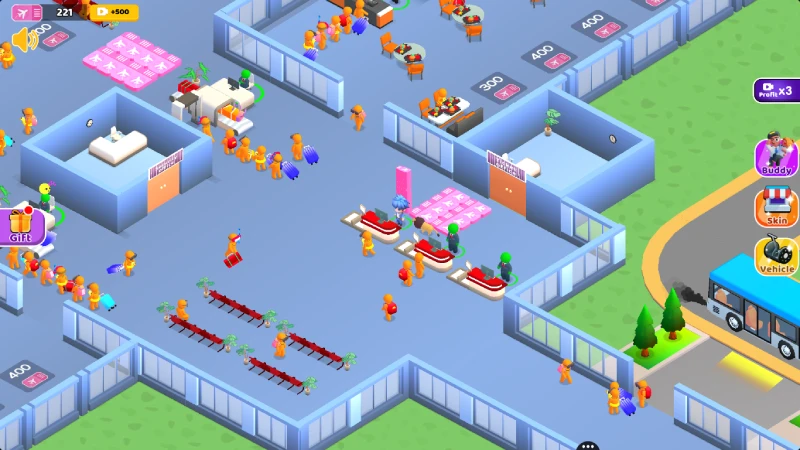 Expanded airport in Airport Simulator Plane Tycoon with multiple unlocked areas and busy passenger flow